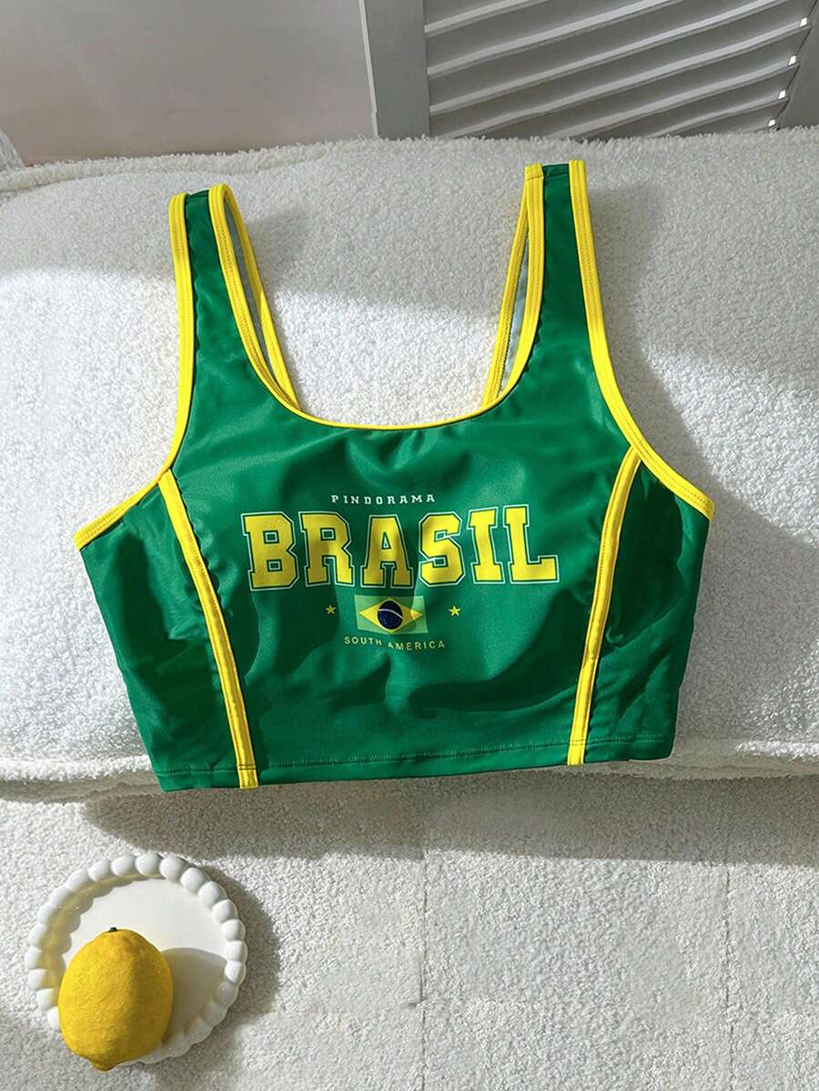 Swim Vcay 女士夏季沙滩休闲度假巴西字母印花比基尼泳衣上装 - 綠色 - 查看 1