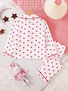 Bộ đồ ngủ 2 món tay dài họa tiết trái tim đơn giản, hai lớp, nhún bèo thoải mái dành cho bé gái - trắng - Xem 2