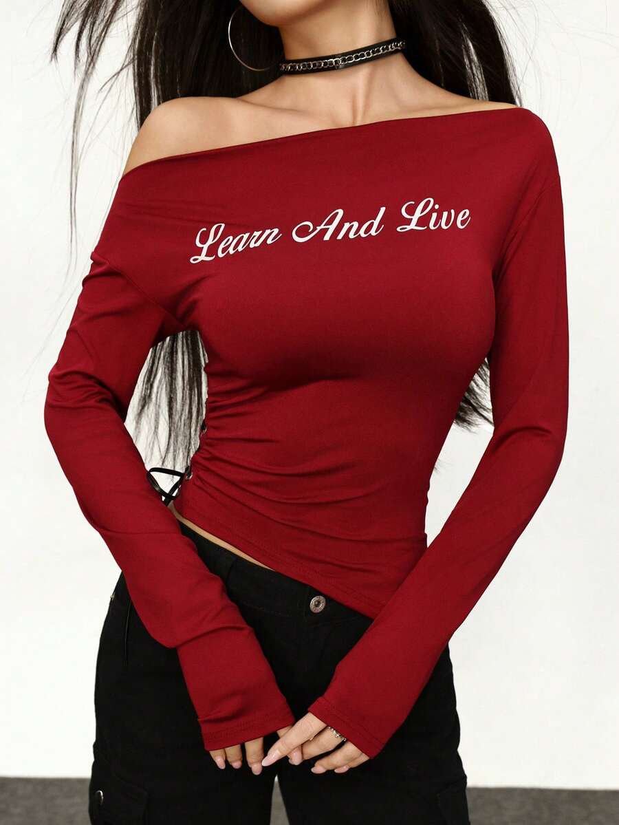 Rina Fox Fashionable Fitted Ruched Long Sleeve Y2K Streetwear Stylish Top For Women - Red - View 1