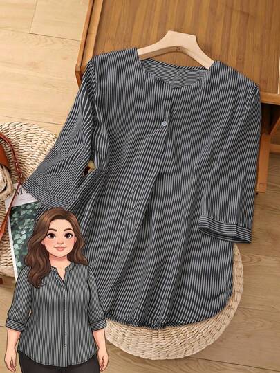 Rusticease 加大码 Old Money 度假休闲条纹弧形下摆衬衫，夏季，度假