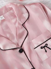 Girls Pajama Set, Minimalist Pink Striped Long Sleeve Cardigan And Long Pants, 2 Pieces Sleepwear - Multicolor - View 6