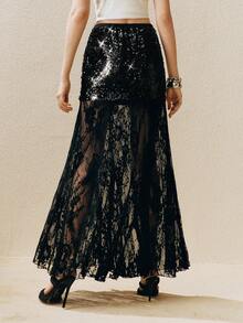 Arave Women's Black Sequined Lace Bodycon Skirt  Modern Party Long Lace Skirts Lace Maxi Skirt Elegant Skirts Lace Skirts For Women Sequin Maxi Skirt     Looks New Year - Black - View 7