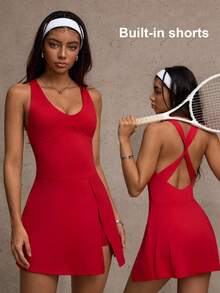 Dewbera Sovereign Charm The 2 In 1 Anti-Exposure Casual Elegant Golf Tennis Dress, Sleeveless Everyday Basic New Stylish Waist-Tie Advanced Slimming Sexy Figure-Flattering College-Style Beautiful Back Tight-Fitting Sports Fitness Tie-Waist Yoga Dress - Red - View 1