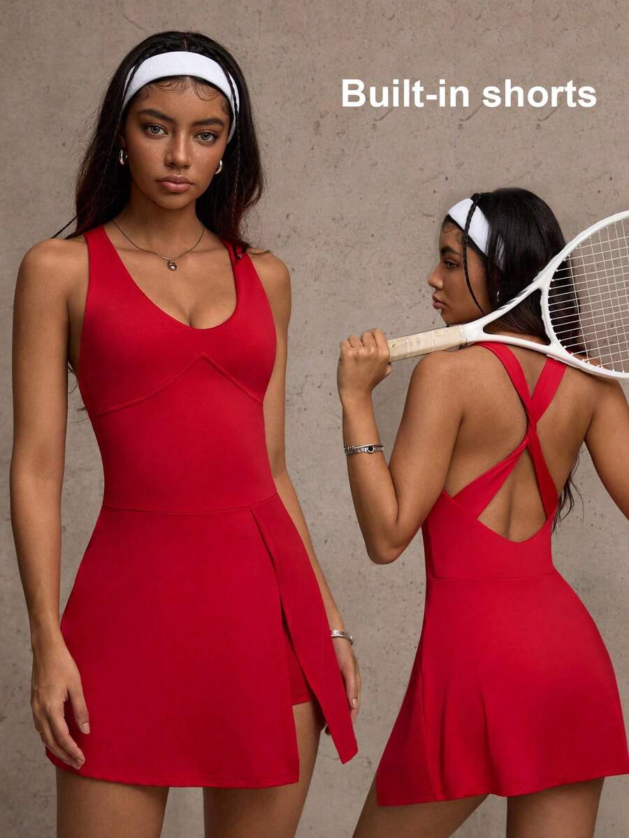 Dewbera Sovereign Charm The 2 In 1 Anti-Exposure Casual Elegant Golf Tennis Dress, Sleeveless Everyday Basic New Stylish Waist-Tie Advanced Slimming Sexy Figure-Flattering College-Style Beautiful Back Tight-Fitting Sports Fitness Tie-Waist Yoga Dress - Red - View 1