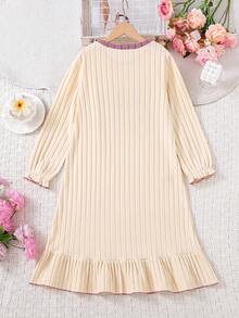 女童可爱蝴蝶结针织睡裙，柔软舒适，甜美淑女风，荷叶边袖口和下摆，适合春秋季和秋冬季穿着。 - 杏色 - 查看 2