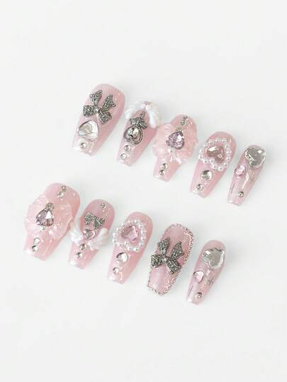 Anime 10 Pieces Of Cute Style Bow Wings Love Elements Hand-Painted High-Quality Fake Nail Pieces + 3 Pieces Of Double-Sided Tape, Y2K Style Diamond Glitter Medium Coffin-Shaped Manicure, Suitable For Holiday Parties, Proms And Daily Wear.