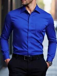 Calvornis Áo sơ mi nam trơn tay dài co giãn không nhăn, áo sơ mi công sở cài nút, mùa thu - Xanh đậm - Xem 1