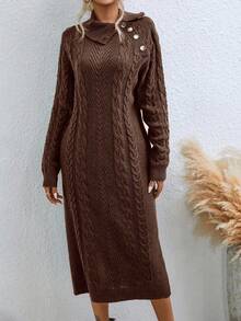 EMERY ROSE Women's Casual Cable Knit Long Sleeve Midi Dress, Autumn/Winter - Coffee Brown - View 6