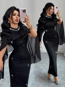 SHEIN Raffinéa 女士优雅黑色星空亮片珍珠装饰立领雪纺拼接披肩袖奢华派对迷你连衣裙 - 黑色 - 查看 1