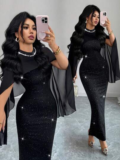 SHEIN Raffinéa Ladies' Autumn And Winter Black Sequin Pearl Shawl-Style Fishtail Long Dress, Complete With A Sheer Mesh Cloak And A Slim Fishtail Cut, Made Of Starry Glitter Fabric, Suitable For Formal Occasions Such As Evening Parties/Year-End Parties In Autumn And Winter. Product Features Include: Elegant Pearl Collar Lady's Dress, Black Sequin Slim Fishtail Skirt, Cloak-Style Elegant Long Dress, Slimming Party Dress For Evening Parties, Party Dresses, And High-End Starry Fabric Dresses.