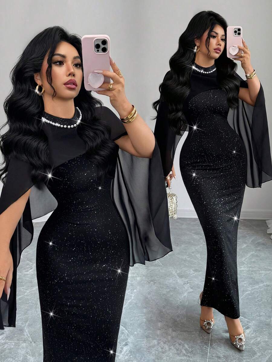 SHEIN Raffinéa 女士优雅黑色星空亮片珍珠装饰立领雪纺拼接披肩袖奢华派对迷你连衣裙 - 黑色 - 查看 1