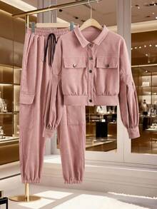 Mulvari Corduroy Flap Detail Jacket With Tie Front Cargo Pants Fall Cloth For Women - Dusty Pink - View 10