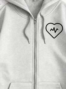 Sudadera con capucha de cierre completo color rojo vino con estampado de corazón y línea de latido cardíaco para uso casual y deportivo - Gris - Ver 10