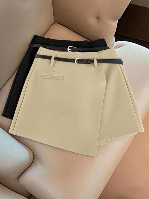 SHEIN PETITE بنطلون تنورة بتصميم غير متماثل للنساء، بنطلون قصير متعدد الوظائف، تنورة بنطلون قطعة واحدة بدون حزام خصر