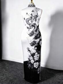 Sunspun Đầm xòe cổ in họa tiết phong cách Trung Hoa cỡ lớn - Đỏ - Xem 2