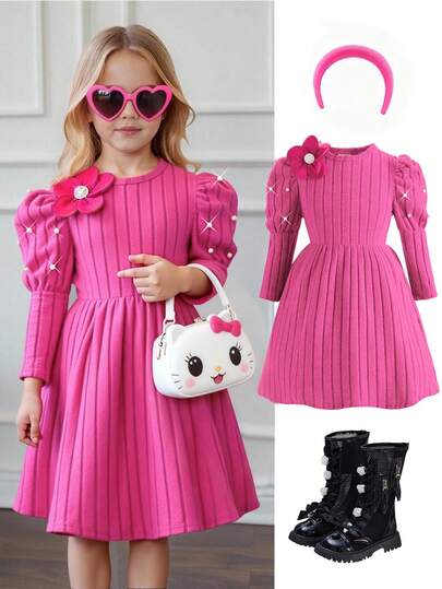 Elladie kids 年轻女孩红色珍珠装饰领长袖泡泡袖连衣裙，红色花朵缀饰水钻腰部设计，舒适柔软，秋冬