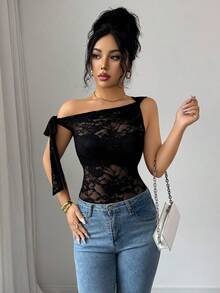 Elenzga Solid Color Asymmetric Neckline Lace-Up Sexy Women Top - Black - View 5