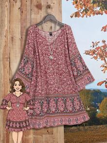 Rusticease Plus Size Patterned Midi Dress,Fall Women Clothes,Flower/Spring/Summer/Vacation - Multicolor - View 1