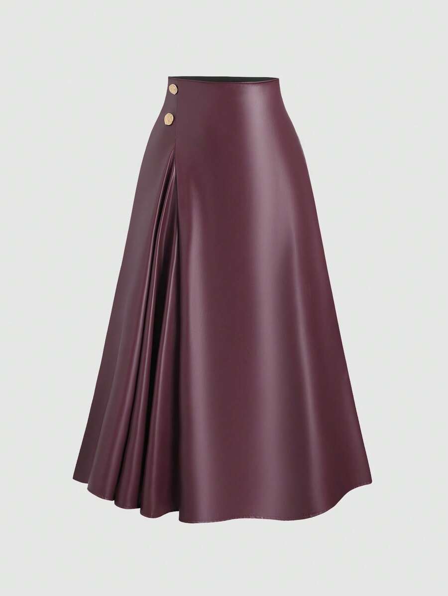 Sweetra 秋冬季休闲优雅A字PU皮裙，金属扣装饰，长裙 - 紫色 - 查看 1