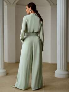 ZEYLAH Lightweight Chiffon Long Sleeve Jumpsuit With Ribbon Collar And Rhinestone Buttons, Spring/Summer - Mint Green - View 3