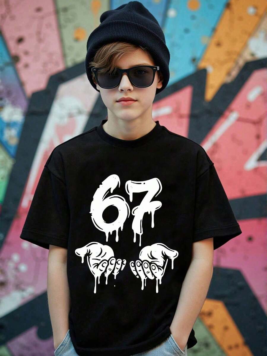 青少年男童休闲简约“67”数字SIX SEVEN图案短袖圆领T恤,街头风,印有67字样,舒适休闲,适合外出和运动,黑色上衣,年轻男士 - 黑色 - 查看 1