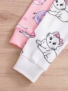 2pcs Girls' Cute Kitten, Bow, Donut Print Short Sleeve Top And Leggings Snug Fit Pajama Sleepwear Set - Multicolor - View 6