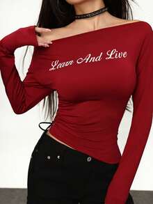 Rina Fox Fashionable Fitted Ruched Long Sleeve Y2K Streetwear Stylish Top For Women - Red - View 3