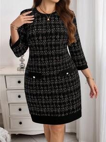 EMERY ROSE 大码格子印花圆领优雅七分袖连衣裙 - 黑色 - 查看 1