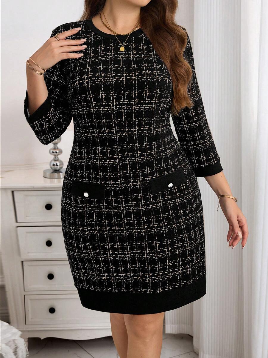 EMERY ROSE 大码格子印花圆领优雅七分袖连衣裙 - 黑色 - 查看 1
