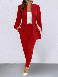 SHEIN Clasi Setelan Jas Bisnis Kasual Wanita Ukuran Besar, Warna Polos, Kancing Ganda, Lengan Panjang, Jaket dan Celana - Merah - View 5