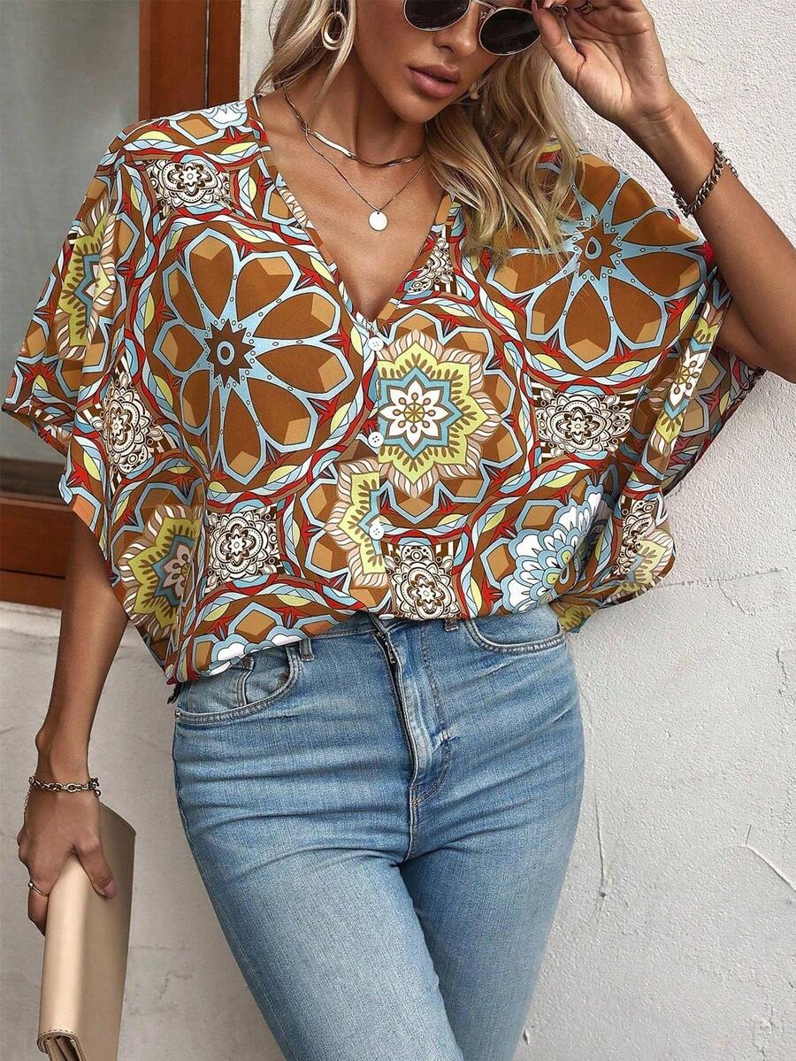 SHEIN LUNE Floral Print Batwing Sleeve Blouse Women Shirt - Orange - View 1