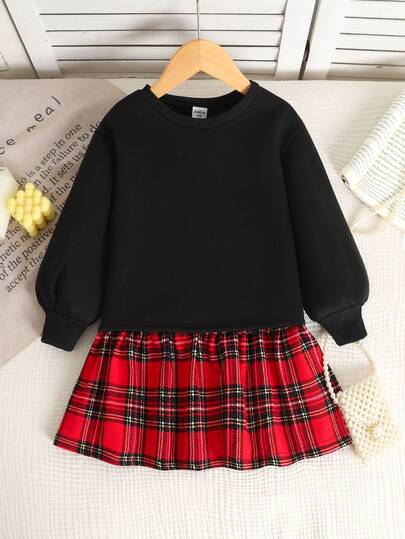 Maija Kids Maija Kids 女童保暖内衬宽松舒适格子拼接卫衣连衣裙，适合返校、派对、婚礼、花童、儿童休闲装、开幕式、日常穿着、上学、旅行、秋季连衣裙、圣诞节等场合。