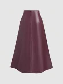 Sweetra 秋冬季休闲优雅A字PU皮裙，金属扣装饰，长裙 - 紫色 - 查看 2