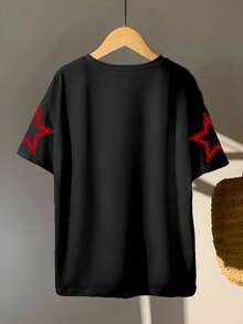 Tricou cu guler rotund pentru fete Tween, imprimeu grafic cu pentagramă pentru copii de peste 23 de ani, potrivit pentru primăvară și vară, versatil la modă - Negru - Vizualizare 2