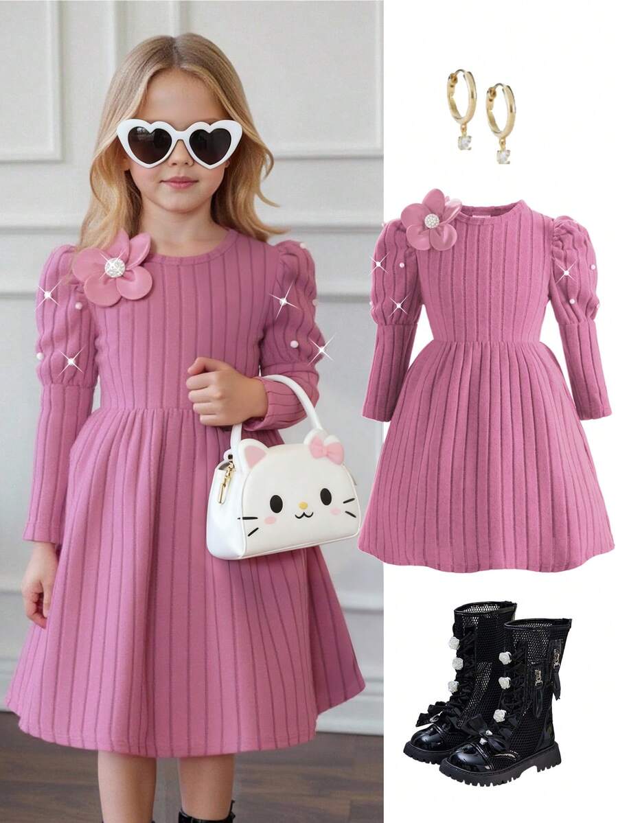 Elladie kids Young Girls Red Pearl Decor Collar Long Sleeve Puff Sleeve Dress, Red Floral Embellished Rhinestone Waist Design, Comfortable & Soft, Autumn/Winter - Baby Pink - View 1