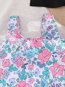Emery Rose Kids 女童/少女随机印花连体泳衣，带蝴蝶结装饰和荷叶边下摆 - 淺粉色 - 查看 6