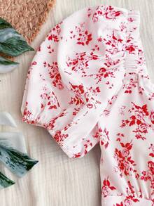 休闲 - 度假休闲系带随机印花花卉衬衫 - 紅色 - 查看 3