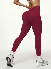 Easithlete 女士纯色简约无缝打底裤，日常穿着 - 酒紅色 - 查看 7