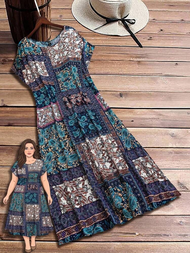 Vestido Longo de Praia Solto com Estampa Floral Retalhos e Fenda Lateral, Estilo de Férias para Mulheres Plus Size