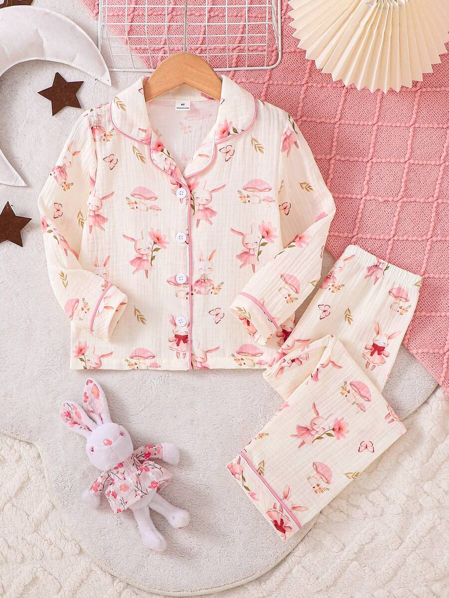 2pcs Girls Cute Rabbit Print Double Layer Wrinkle Pajama Set, Casual Comfortable Soft Full Print Long Pants And Long Sleeve Loungewear Cotton Pajama Set For Girls Young Girls Pajamas-Pajama Set All Season Cute Animal Embroidery Design Round Neck Long Sleeve Top With Elastic Waist Pants Soft Cozy Loungewear 2026 New Year Essential - Multicolor - View 1