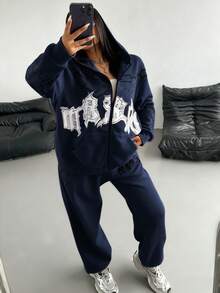 POPSWAY Conjunto de sudadera con capucha y pantalones de chándal estampados de estilo deportivo casual, chándal de punto de talla grande para otoño/invierno - Azul Marino - Ver 5