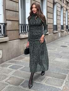 Pariaura 2025 Herbst Neue Kollektion: Elegantes Langkleid mit Leoparden-Muster und gerafften Details - Zarte Tülle, figurschmeichelnde, schicke und schlankende Herbstmode für Frauen - Verschiedenfarbig - Übersicht 6