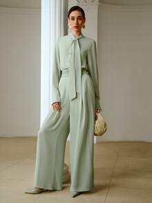 ZEYLAH Lightweight Chiffon Long Sleeve Jumpsuit With Ribbon Collar And Rhinestone Buttons, Spring/Summer - Mint Green - View 8