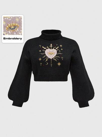 Goth Maglione a collo alto da donna taglie forti, stile gotico romantico, con ricamo a cuore, decorazioni di cristalli e strass a forma di lacrima e stella