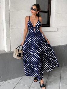 Pariaura Polka Dot Spaghetti Strap Patchwork Loose Hem Maxi Casual Vacation Dress For Women - Multicolor - View 3