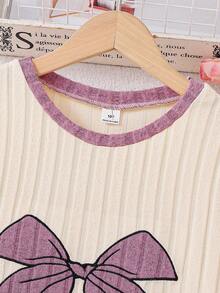 女童可爱蝴蝶结针织睡裙，柔软舒适，甜美淑女风，荷叶边袖口和下摆，适合春秋季和秋冬季穿着。 - 杏色 - 查看 9