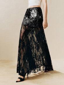 Arave Women's Black Sequined Lace Bodycon Skirt  Modern Party Long Lace Skirts Lace Maxi Skirt Elegant Skirts Lace Skirts For Women Sequin Maxi Skirt     Looks New Year - Black - View 3