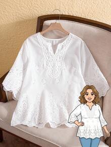 Rusticease Summer Eyelet Embroidered Solid Plus Size Shirt, Vacation Daily,Flower/Spring - White - View 1
