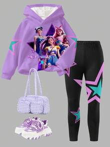 SHEIN 2 件套 KPOP 图案连帽衫和紧身裤套装，适合青少年女孩，秋冬时尚休闲装 - 彩色 - 查看 2