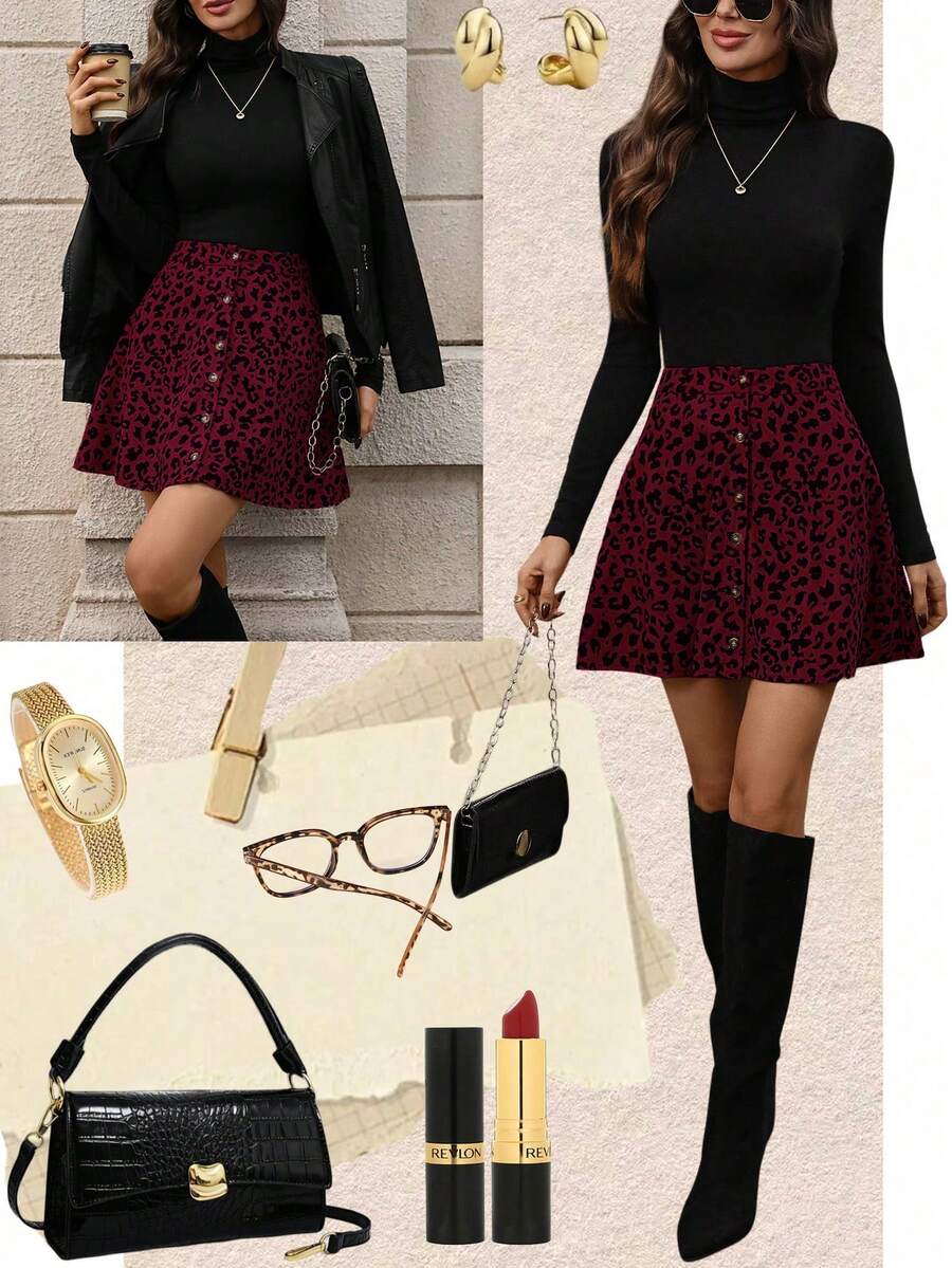 EMERY ROSE Chân váy chữ A cài nút phía trước bằng vải nhung họa tiết da báo dành cho nữ